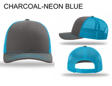 Load image into Gallery viewer, Charcoal/Neon Blue Richardson Trucker 112