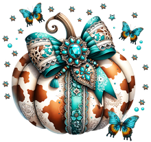 Load image into Gallery viewer, Turquoise Cow Print Pumpkin-Heather Black Sweatshirt
