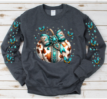 Load image into Gallery viewer, Turquoise Cow Print Pumpkin-Heather Black Sweatshirt
